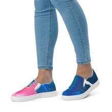 Load image into Gallery viewer, Artist designed slip on canvas sneakers by Andromeda Cook featuring paint pour artwork from the Pursuit of Happiness painting
