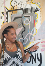 Load image into Gallery viewer, Philadelphia artist Andromeda Cook standing beside Harmony original painting from the 10K Collection, a 36 x 48 inch contemporary abstract artwork
