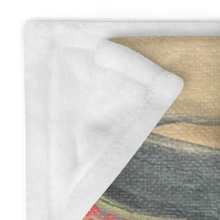 Load image into Gallery viewer, Detail of Divine Reflection throw blanket showing soft white reverse fabric and printed artwork by Philadelphia artist Andromeda Cook