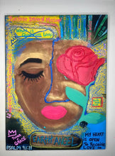 Load image into Gallery viewer, Earth Angel contemporary spiritual painting by Philadelphia artist Andromeda Cook featuring affirmations rose and Psalm 91:11 message of divine protection
