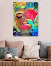 Load image into Gallery viewer, Earth Angel spiritual painting by Andromeda Cook displayed on wall showing symbolic face rose and written affirmations