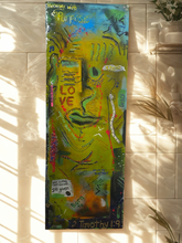 Load image into Gallery viewer, Harmony with Purpose original mixed media painting by Philadelphia artist Andromeda Cook featuring spiritual affirmations, love frequency 528Hz, and scripture 2 Timothy 1:9