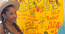 Load image into Gallery viewer, Hollywood Dreams original painting by Andromeda Cook inspired by Basquiat and Hollywood Africans featuring bold yellow canvas, symbolic text, 528hz frequency, Self Portrait as a Legend, M31 Andromeda galaxy, divine feminine energy, abundance, and higher wisdom.