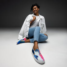 Load image into Gallery viewer, Abstract paint pour slip on canvas shoes from the House of Purpose collection by artist Andromeda Cook inspired by Pursuit of Happiness