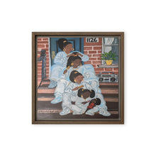 Load image into Gallery viewer, Mom and Her Girls: Carpenter St. 12x12 framed canvas by Philadelphia artist Andromeda Cook in a brown frame