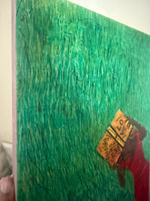 Load image into Gallery viewer, Side view detail of an original 11 × 14 acrylic painting by Andromeda Cook featuring a brown skin woman holding a book against a textured green background. The wrapped canvas edges are painted, extending the artwork beyond the front surface.