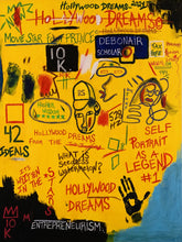 Load image into Gallery viewer, Hollywood Dreams artwork by Andromeda Cook, a vibrant Basquiat-inspired composition featuring handwritten text, symbols, and imagery on a bold yellow background.