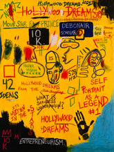 Load image into Gallery viewer, Hollywood Dreams original painting by Andromeda Cook inspired by Basquiat and Hollywood Africans featuring bold yellow canvas, expressive symbols, 528hz frequency, Self Portrait as a Legend, M31 Andromeda galaxy, divine feminine energy, abundance, and higher wisdom