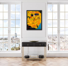 Load image into Gallery viewer, Hollywood Dreams contemporary artwork by Andromeda Cook with layered phrases, symbols, and vibrant yellow color inspired by Basquiat visual language