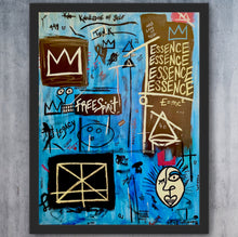 Load image into Gallery viewer, Influence Basquiat inspired contemporary artwork by Andromeda Cook featuring crown symbols, layered text, and expressive abstract elements