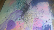 Load image into Gallery viewer, Abstract, paint pour art with a butterfly illustration on a multicolored background 48 x 48inch 
