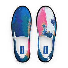Load image into Gallery viewer, Artist designed slip on canvas sneakers by Andromeda Cook featuring abstract paint pour artwork from the Pursuit of Happiness painting

