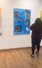 Load image into Gallery viewer, Visitor viewing Influence, a museum scale abstract painting by Andromeda Cook from the 10K Collection, on display and for sale at the October Art Gallery in Philadelphia and part of the inspiration behind House of Purpose reimagined home decor. 
