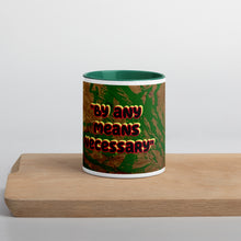 Load image into Gallery viewer, Green accent collector mug featuring the phrase By Any Means Necessary inspired by Malcolm X celebrating Black history and empowerment by Andromeda Cook Studio
