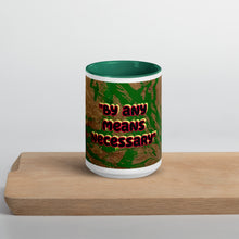 Load image into Gallery viewer, Empowering Malcolm X inspired By Any Means Necessary art mug with green interior designed by Andromeda Cook Studio
