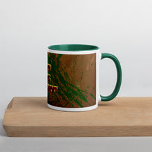 Load image into Gallery viewer, Green accent mug featuring the powerful phrase By Any Means Necessary inspired by Malcolm X with original artwork by Teaching Artist Andromeda Cook
