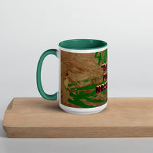 Load image into Gallery viewer, Green accent mug featuring the powerful phrase By Any Means Necessary inspired by Malcolm X with original artwork by Philadelphia Artist  Andromeda Cook
