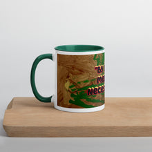 Load image into Gallery viewer, Green accent mug featuring the powerful phrase By Any Means Necessary inspired by Malcolm X with original artwork by Andromeda Cook Studio
