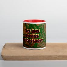 Load image into Gallery viewer, By Any Means Necessary Malcolm X inspired collector mug with red interior featuring original artwork by Andromeda Cook Studio
