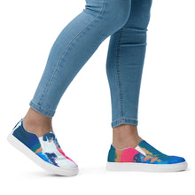 Load image into Gallery viewer, Colorful abstract paint pour slip on canvas sneakers by Andromeda Cook inspired by the sold original painting Pursuit of Happiness
