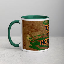 Load image into Gallery viewer, Collector coffee mug with dark green interior featuring the phrase Keep Ya Head Up and original artwork by Lamonte from Andromeda Cook Studio

