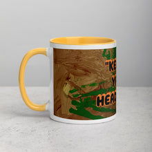 Load image into Gallery viewer, Collector coffee mug with golden yellow interior featuring the phrase Keep Ya Head Up and original artwork by Lamonte from Andromeda Cook Studio

