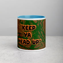 Load image into Gallery viewer, Collector coffee mug with light blue interior and handle featuring the phrase Keep Ya Head Up and artwork by Lamonte from Andromeda Cook Studio
