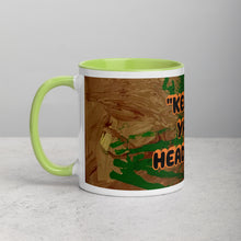 Load image into Gallery viewer, Collector coffee mug with light green interior featuring the phrase Keep Ya Head Up and original artwork by Lamonte from Andromeda Cook Studio
