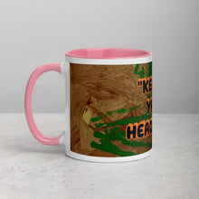 Load image into Gallery viewer, Collector coffee mug with pink interior featuring the phrase Keep Ya Head Up and original artwork by Lamonte from Andromeda Cook Studio

