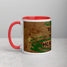 Load image into Gallery viewer, Collector coffee mug with red interior featuring the phrase Keep Ya Head Up and original artwork by Lamonte from Andromeda Cook Studio

