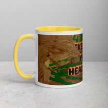 Load image into Gallery viewer, Collector coffee mug with yellow interior featuring the phrase Keep Ya Head Up and original artwork by Lamonte from Andromeda Cook Studio

