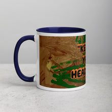 Load image into Gallery viewer, Dark blue accent coffee mug featuring the phrase Keep Ya Head Up with expressive artwork by Andromeda Cook Studio
