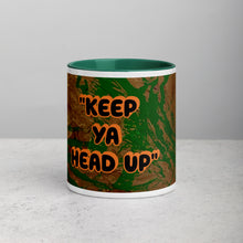 Load image into Gallery viewer, Keep Ya Head Up inspirational art mug with dark green interior featuring original artwork by young artist Lamonte from Andromeda Cook Studio

