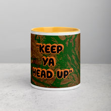 Load image into Gallery viewer, Keep Ya Head Up inspirational art mug with golden yellow interior featuring original artwork by young artist Lamonte from Andromeda Cook Studio
