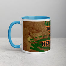 Load image into Gallery viewer, Keep Ya Head Up inspirational art mug with light blue interior and handle featuring original artwork by young artist Lamonte from Andromeda Cook Studio

