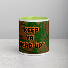Load image into Gallery viewer, Keep Ya Head Up inspirational art mug with light green interior featuring original artwork by young artist Lamonte from Andromeda Cook Studio
