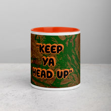 Load image into Gallery viewer, Keep Ya Head Up inspirational art mug with orange interior featuring original artwork by young artist Lamonte from Andromeda Cook Studio
