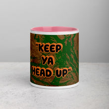 Load image into Gallery viewer, Keep Ya Head Up inspirational art mug with pink interior featuring original artwork by young artist Lamonte from Andromeda Cook Studio
