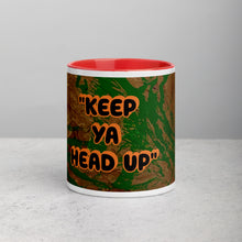 Load image into Gallery viewer, Keep Ya Head Up inspirational art mug with red interior featuring original artwork by young artist Lamonte from Andromeda Cook Studio

