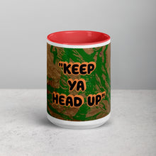 Load image into Gallery viewer, Inspirational coffee mug with red interior featuring the phrase Keep Ya Head Up and artwork created by young artist Lamonte from Andromeda Cook Studio

