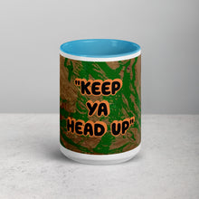 Load image into Gallery viewer, Inspirational quote mug with light blue interior featuring the message Keep Ya Head Up and original artwork by Lamonte
