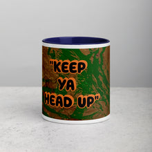 Load image into Gallery viewer, Keep Ya Head Up inspirational art mug with dark blue interior featuring original artwork by Lamonte  and Andromeda Cook Studio
