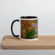 Load image into Gallery viewer, Wilma Rudolph inspirational quote mug with black interior featuring the message The Triumph Can’t Be Had Without the Struggle.

