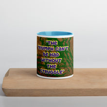 Load image into Gallery viewer, Wilma Rudolph inspirational quote mug with light blue interior featuring The Triumph Can’t Be Had Without the Struggle.

