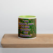 Load image into Gallery viewer, Wilma Rudolph inspirational quote mug with lime green interior featuring The Triumph Can’t Be Had Without the Struggle.
