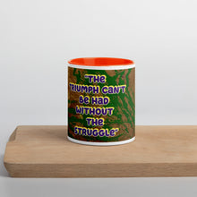 Load image into Gallery viewer, Wilma Rudolph inspirational quote mug with orange interior featuring The Triumph Can’t Be Had Without the Struggle.
