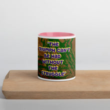 Load image into Gallery viewer, Wilma Rudolph inspirational quote mug with pink interior featuring The Triumph Can’t Be Had Without the Struggle.
