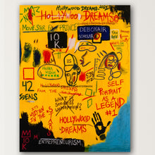 Load image into Gallery viewer, Hollywood Dreams 12 x 16 fine art print by Andromeda Cook inspired by Basquiat and Hollywood Africans with phrases like What is seedless watermelon and references to 528Hz

