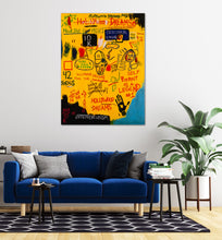 Load image into Gallery viewer, Hollywood Dreams painting by Andromeda Cook inspired by Basquiat and Hollywood Africans featuring bold yellow canvas, symbolic text, 528hz frequency, Self Portrait as a Legend, M31 Andromeda galaxy, divine feminine energy, and themes of abundance displayed above a modern blue sofa
