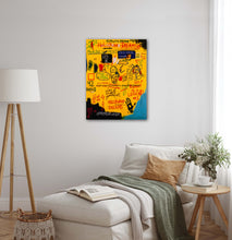 Load image into Gallery viewer, Hollywood Dreams fine art print by Andromeda Cook displayed as colorful Basquiat inspired wall art in a modern living room interior

